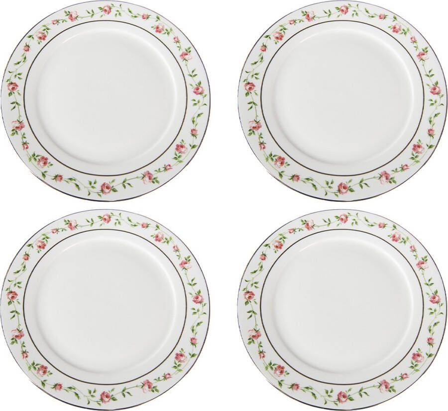 HAES deco Ontbijtborden set van 4 Formaat Ø 21x2 cm kleuren Wit Bedrukt Porselein Collectie: Cute Rose Servies kleine borden