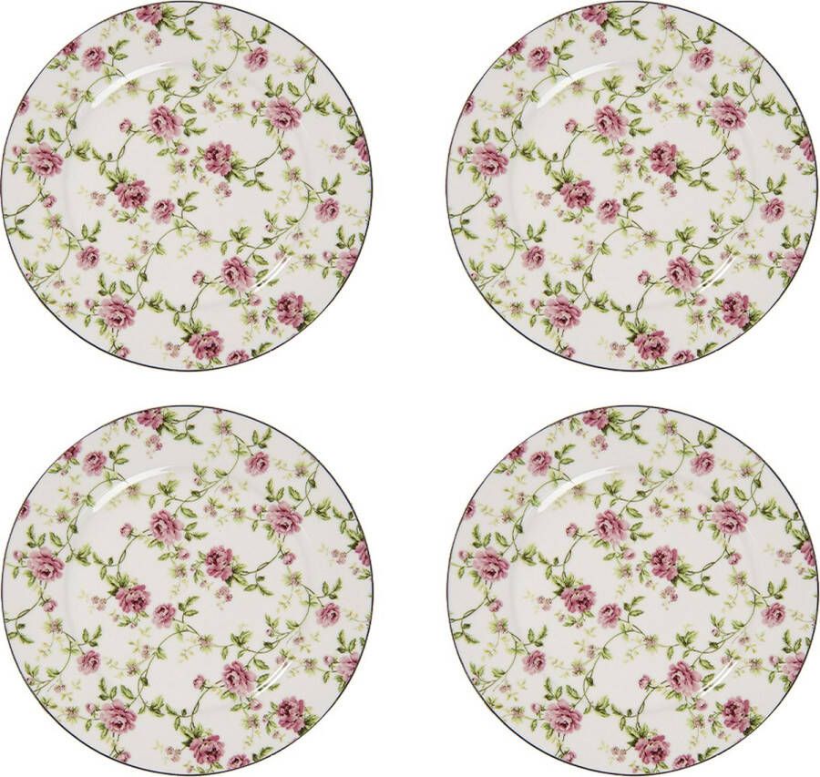 HAES deco Ontbijtborden set van 4 Formaat Ø 21x2 cm kleuren Wit Bedrukt Porselein Collectie: Vintage Rose Servies kleine borden