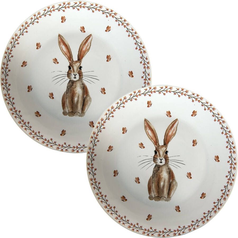 HAES deco Set van 2 Ontbijtborden formaat Ø 20x2 cm kleuren Bruin Wit Bedrukt Porselein Collectie: Rustic Easter Bunny Ontbijtbord klein bord