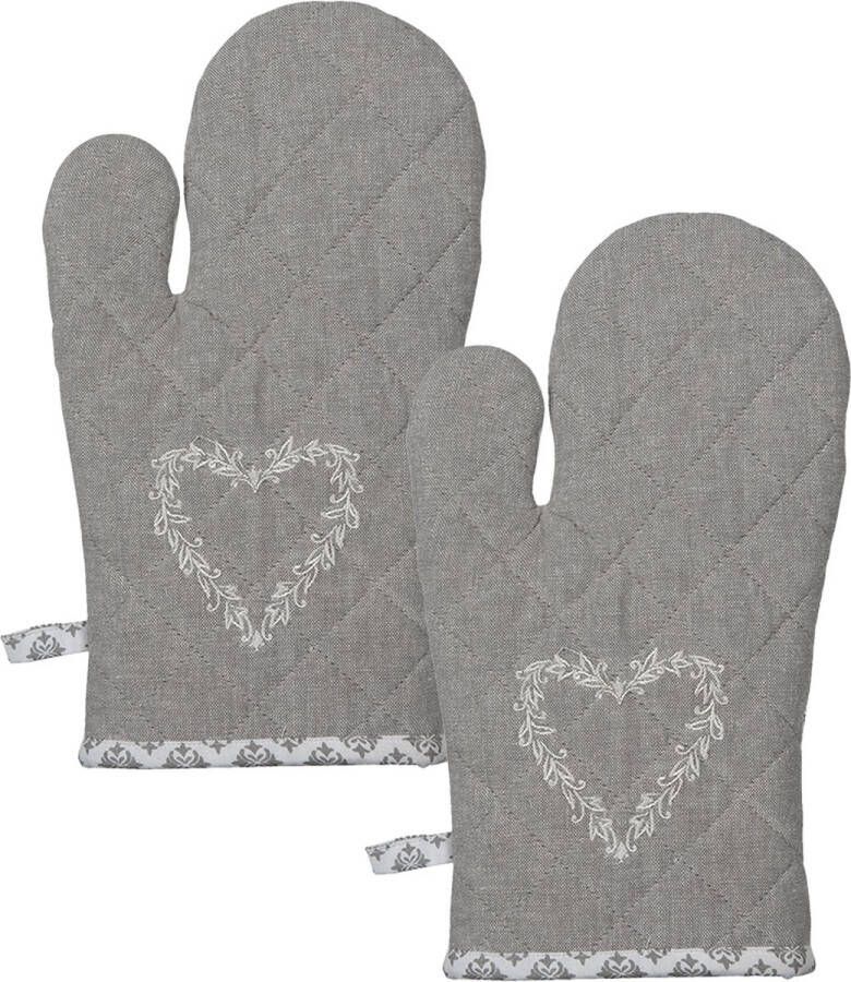 HAES deco Set van 2 Ovenwanten formaat 16x30 cm kleuren Grijs Wit van 100% Katoen Collectie: Lovely Heart Ovenhandschoenen