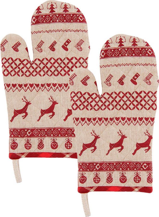 HAES deco Set van 2 Ovenwanten formaat 16x30 cm kleuren Rood Beige van 100% Katoen Collectie: Nordic Christmas Ovenhandschoenen