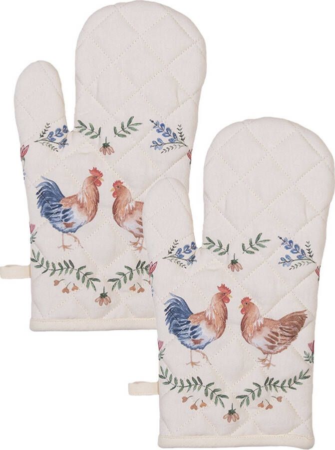 HAES deco Set van 2 Ovenwanten formaat 18x30 cm kleuren Beige Bruin Blauw Groen van 100% Katoen Collectie: Chicken and Rooster Ovenhandschoenen