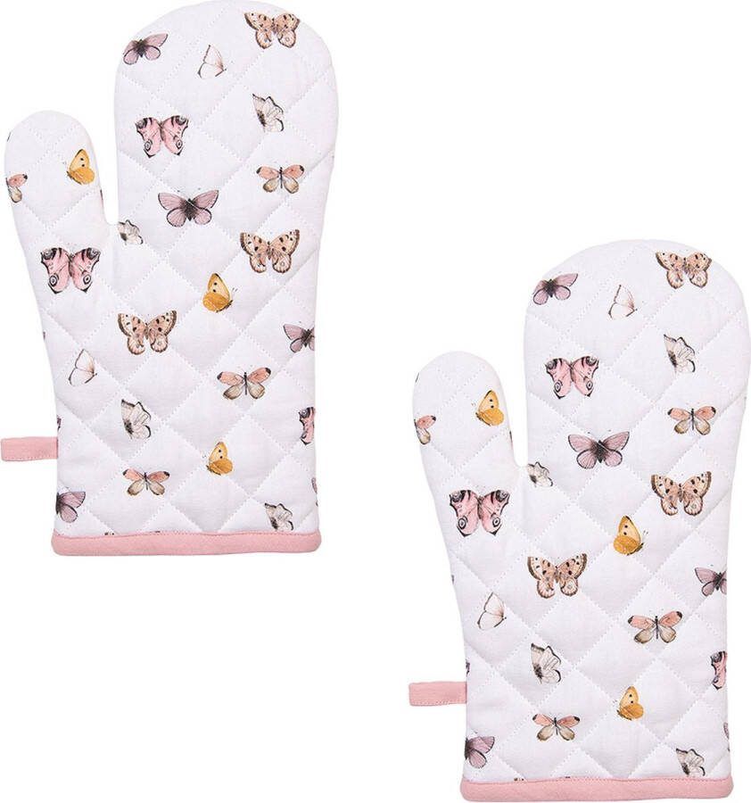 HAES deco Set van 2 Ovenwanten formaat 18x30 cm kleuren Beige Rose van 100% Katoen Collectie: Butterfly Paradise Ovenhandschoenen