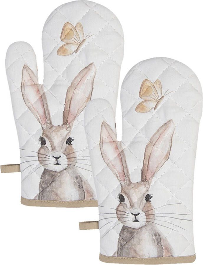 HAES deco Set van 2 Ovenwanten formaat 18x30 cm kleuren Bruin Wit van 100% Katoen Collectie: Rustic Easter Bunny Ovenhandschoenen