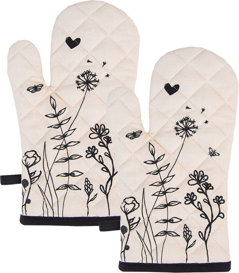 HAES deco Set van 2 Ovenwanten formaat 18x30 cm kleuren Zwart Beige van 100% Katoen Collectie: Flora and Fauna Ovenhandschoenen