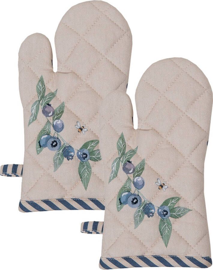 HAES deco Set van 2 Ovenwanten voor een Kind formaat 12x21 cm kleuren Beige Blauw Groen van 100% Katoen Collectie: Blueberry Fields Ovenhandschoenen