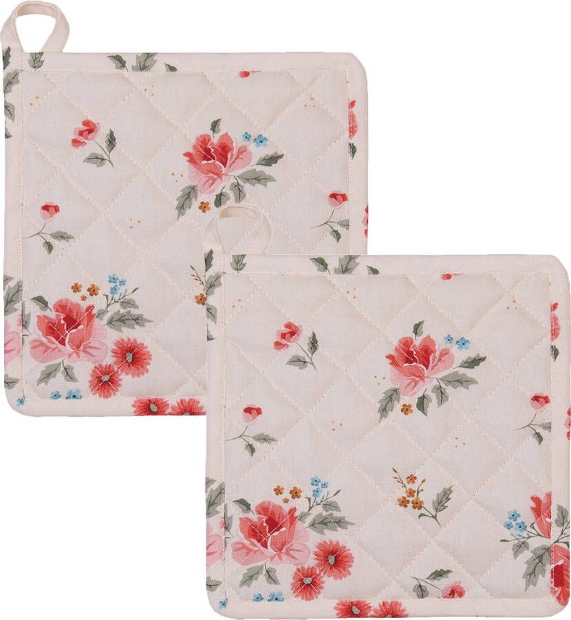 HAES deco Set van 2 Pannenlappen formaat 20x20 cm kleuren Beige Rood Groen van 100% Katoen Collectie: Little Rose Collection Pannenlap