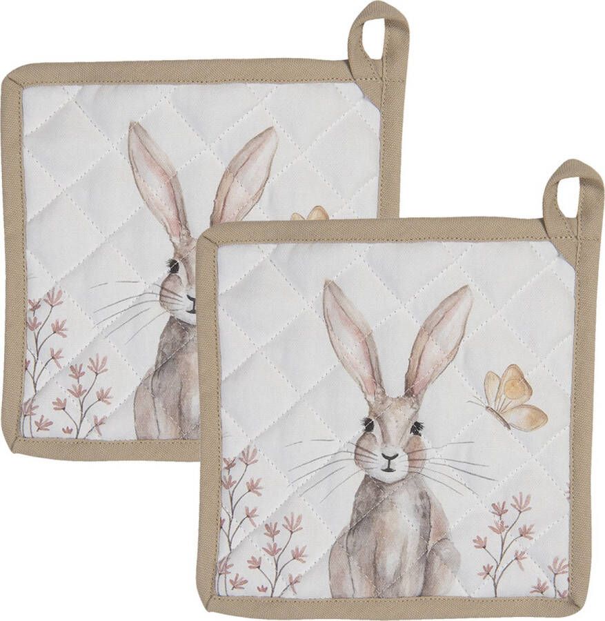 HAES deco Set van 2 Pannenlappen formaat 20x20 cm kleuren Bruin Wit van 100% Katoen Collectie: Rustic Easter Bunny Pannenlap