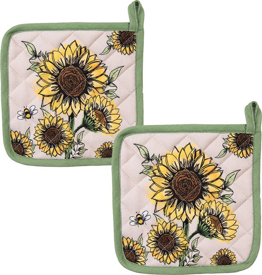 HAES deco Set van 2 Pannenlappen formaat 20x20 cm kleuren Geel Groen Beige van 100% Katoen Collectie: Sunny Sunflowers Pannenlap