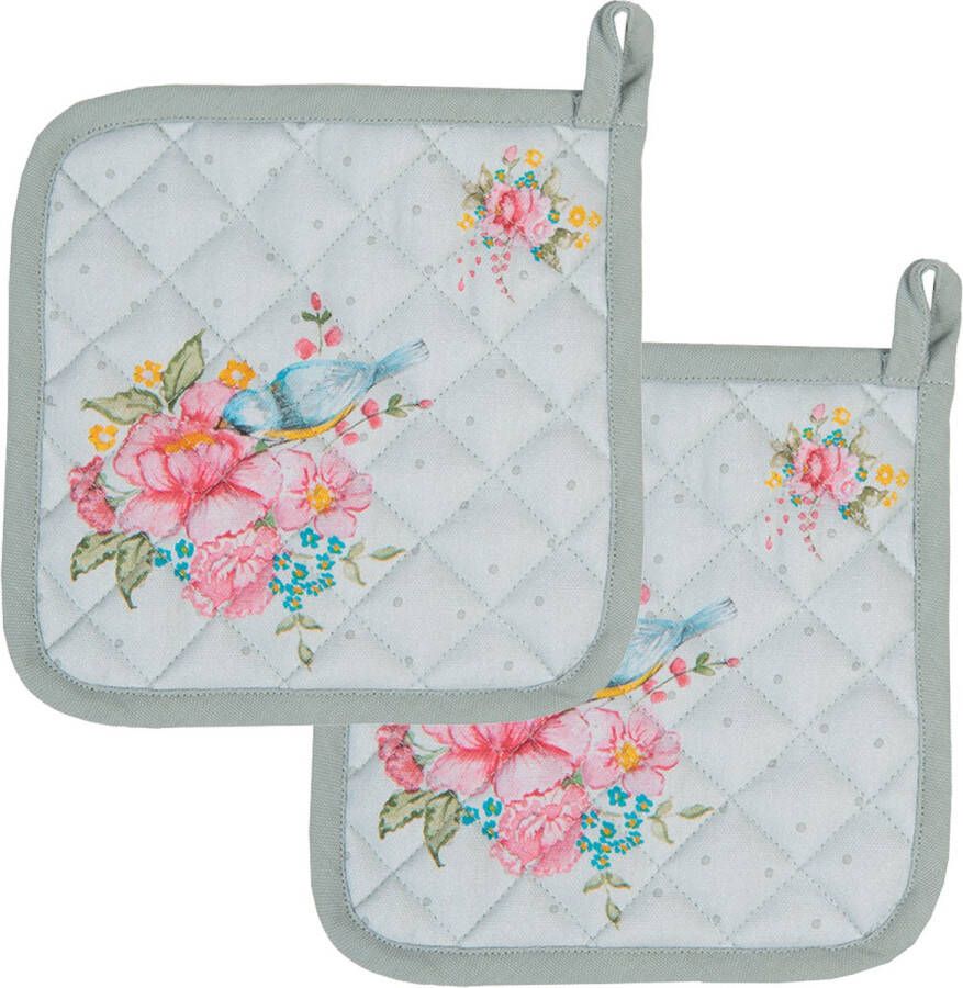 HAES deco Set van 2 Pannenlappen formaat 20x20 cm kleuren Grijs Roze Groen van 100% Katoen Collectie: Cheerful Birdie Pannenlap