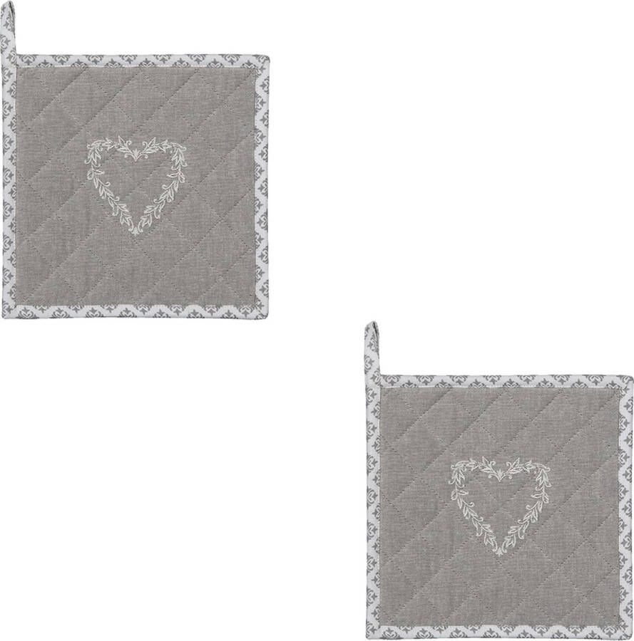 HAES deco Set van 2 Pannenlappen formaat 20x20 cm kleuren Grijs Wit van 100% Katoen Collectie: Lovely Heart Pannenlap