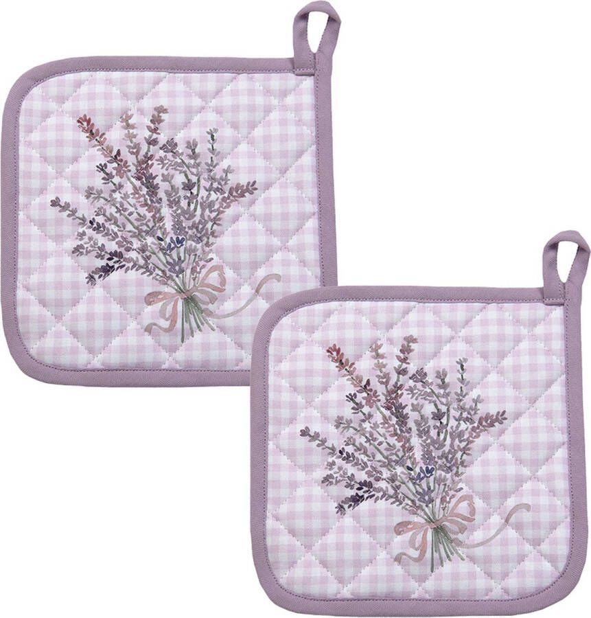 HAES deco Set van 2 Pannenlappen formaat 20x20 cm kleuren Paars Wit van 100% Katoen Collectie: Lavender Garden Pannenlap