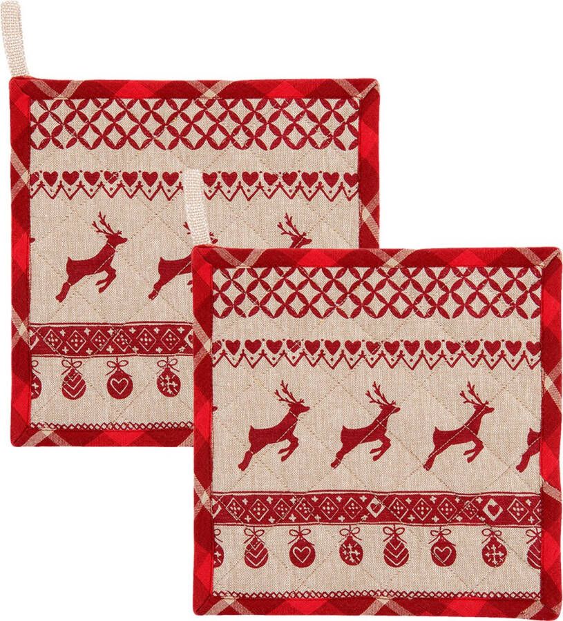 HAES deco Set van 2 Pannenlappen formaat 20x20 cm kleuren Rood Beige van 100% Katoen Collectie: Nordic Christmas Kerst Pannenlap