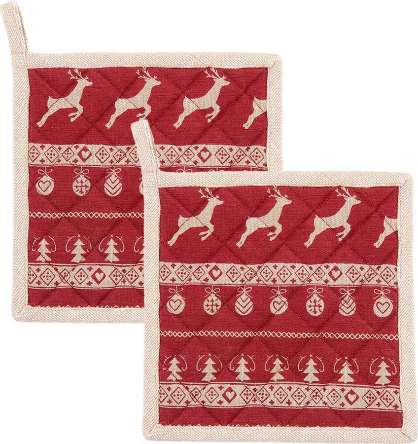 HAES deco Set van 2 Pannenlappen formaat 20x20 cm kleuren Rood Beige van 100% Katoen Collectie: Nordic Christmas Kerst Pannenlap