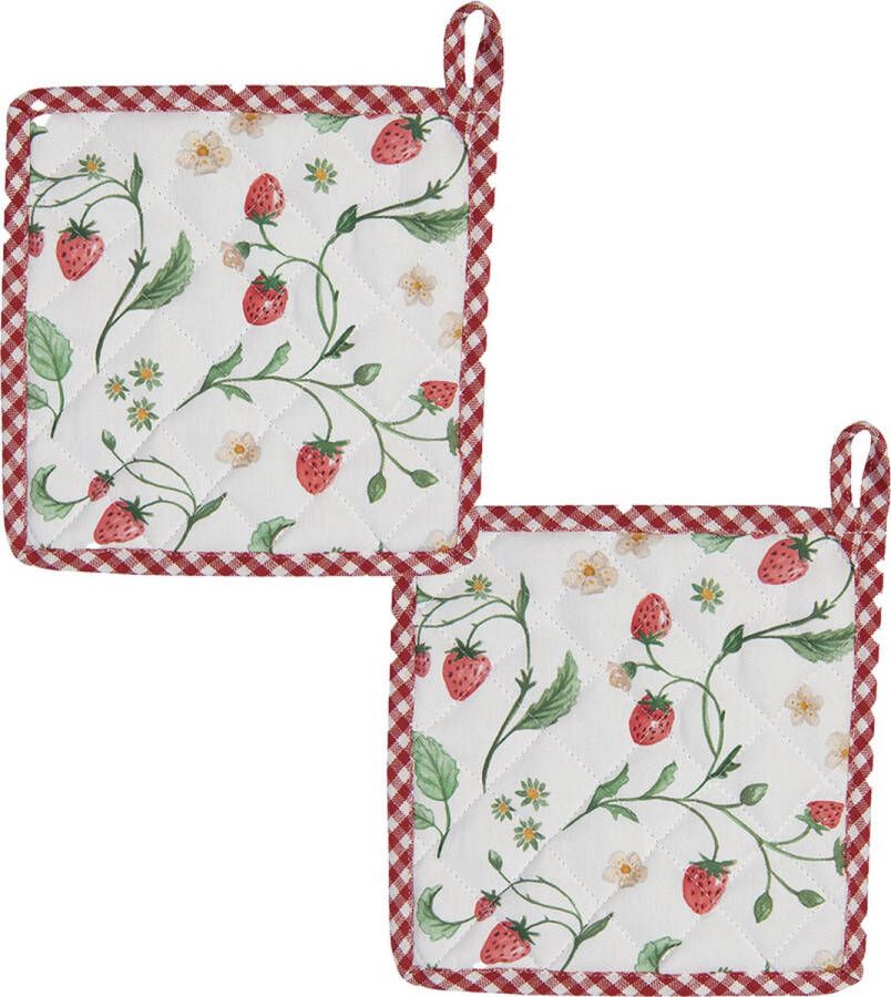 HAES deco Set van 2 Pannenlappen formaat 20x20 cm kleuren Rood Groen Wit van 100% Katoen Collectie: Wild Strawberries Pannenlap