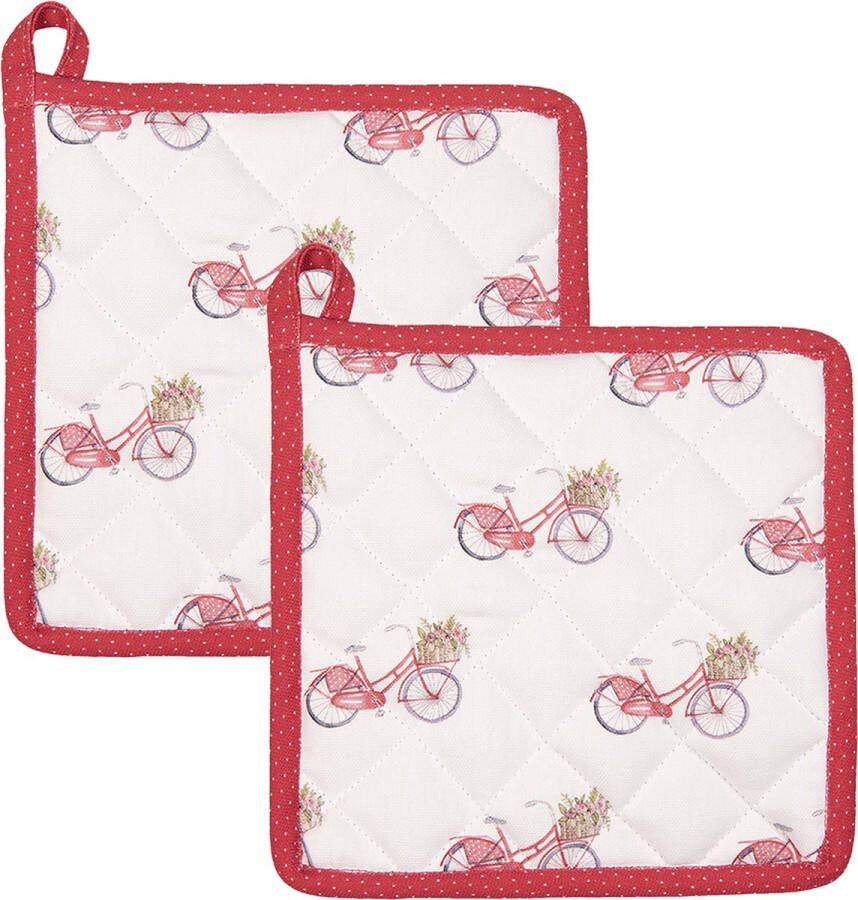 HAES deco Set van 2 Pannenlappen formaat 20x20 cm kleuren Rood Roze Wit van 100% Katoen Collectie: Red Bicylcle Pannenlap