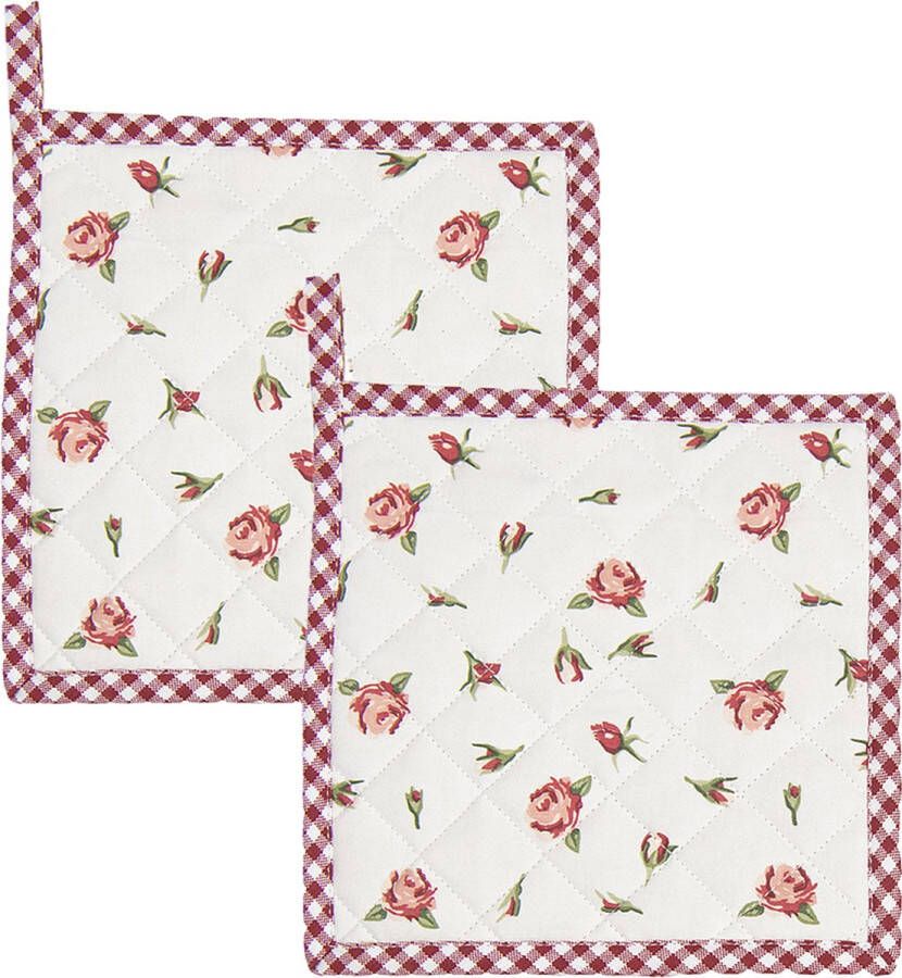 HAES deco Set van 2 Pannenlappen formaat 20x20 cm kleuren Rood Wit Groen van 100% Katoen Collectie: Romantic Rose Pannenlap