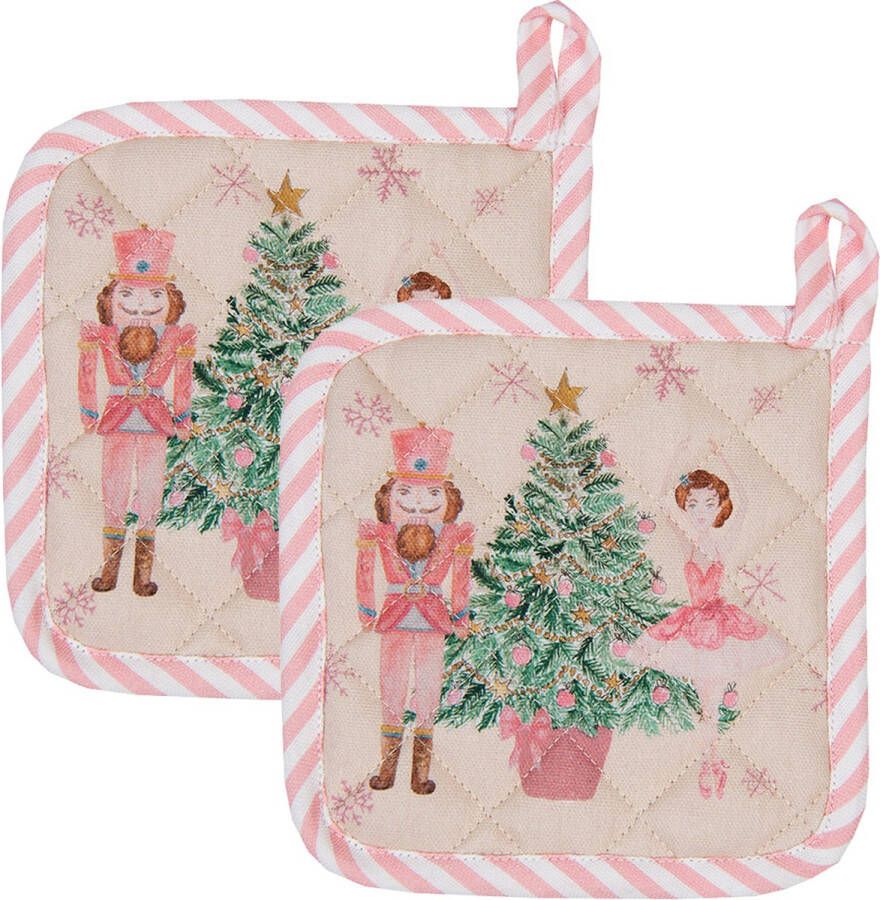 HAES deco Set van 2 Pannenlappen formaat 20x20 cm kleuren Rose Groen van 100% Katoen Collectie: Pastel Nutcracker Kerst Pannenlap