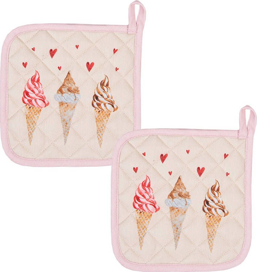 HAES deco Set van 2 Pannenlappen formaat 20x20 cm kleuren Roze Beige Bruin van 100% Katoen Collectie: Frosty and Sweet Pannenlap