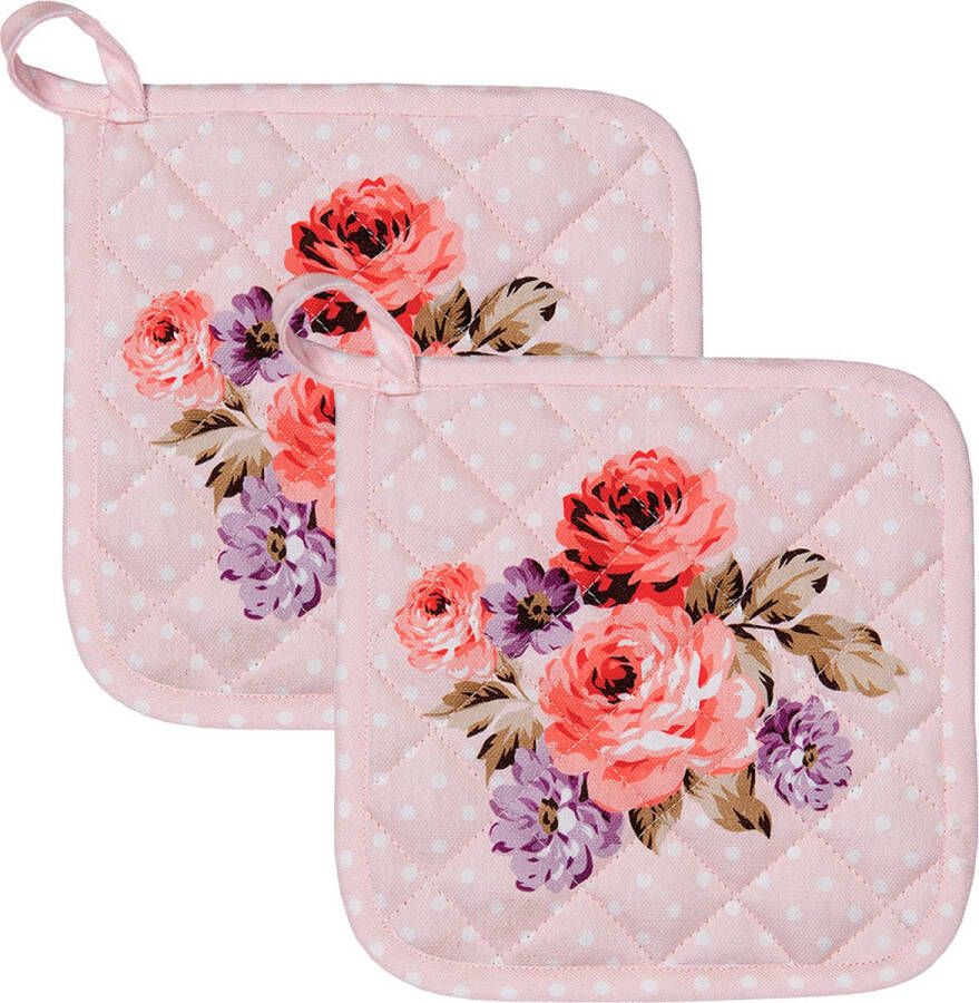 HAES deco Set van 2 Pannenlappen formaat 20x20 cm kleuren Roze Rood Wit Paars van 100% Katoen Collectie: Dotty Rose Pannenlap