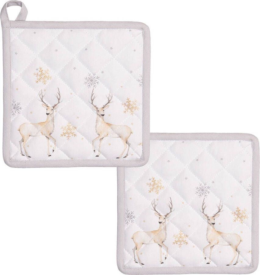 HAES deco Set van 2 Pannenlappen formaat 20x20 cm kleuren Wit Bruin van 100% Katoen Collectie: Pastel Christmas Kerst Pannenlap