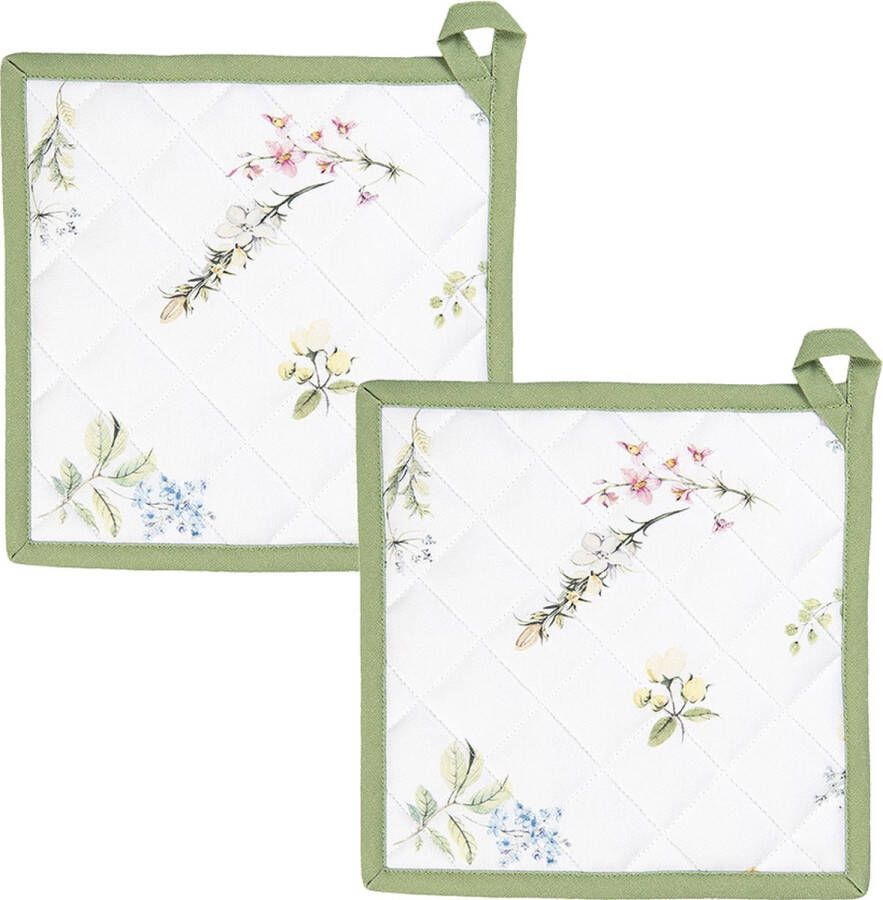 HAES deco Set van 2 Pannenlappen formaat 20x20 cm kleuren Wit Groen van 100% Katoen Collectie: Happy Florals Pannenlap