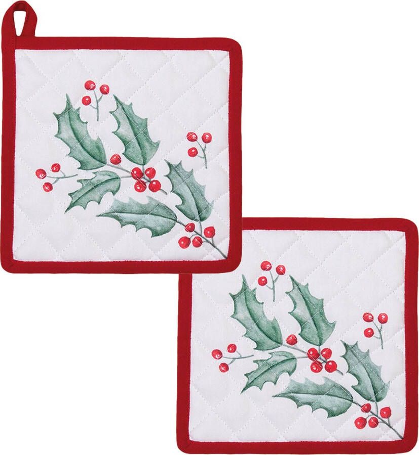 HAES deco Set van 2 Pannenlappen formaat 20x20 cm kleuren Wit Rood Bruin Groen van 100% Katoen Collectie: Holly Christmas Kerst Pannenlap