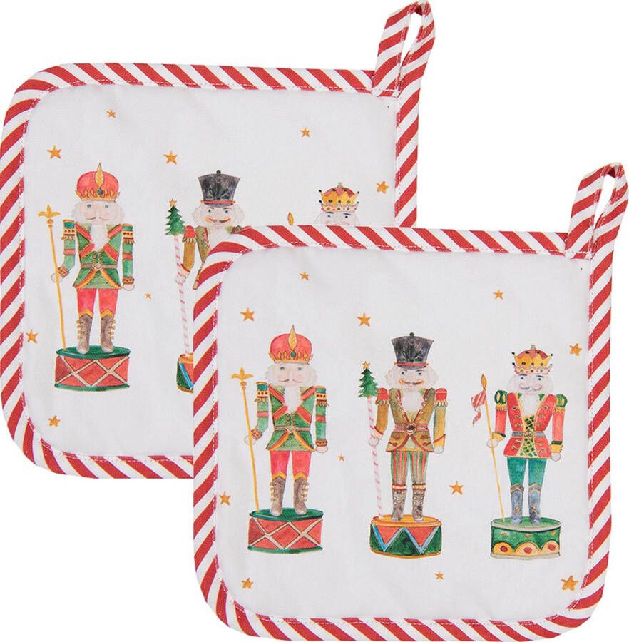 HAES deco Set van 2 Pannenlappen formaat 20x20 cm kleuren Wit Rood Groen Bruin van 100% Katoen Collectie: Happy Little Christmas Kerst Pannenlap