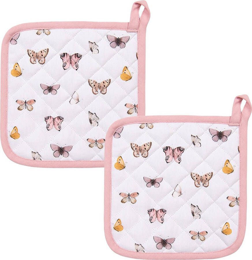 HAES deco Set van 2 Pannenlappen voor een kind formaat 16x16 cm kleuren Beige Rose van 100% Katoen Collectie: Butterfly Paradise Kinder Pannenlap