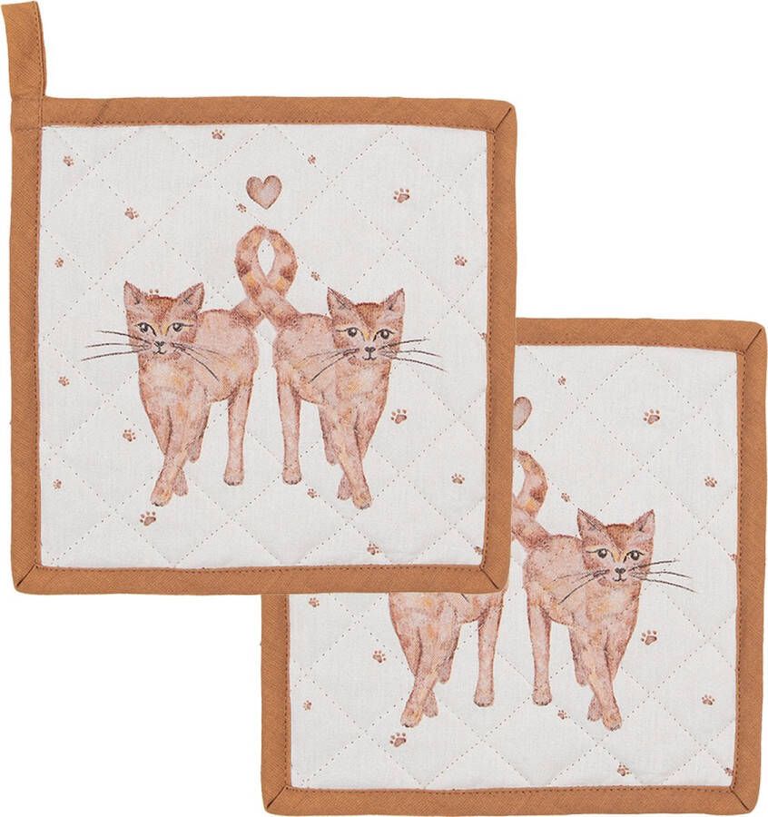 HAES deco Set van 2 Pannenlappen voor een kind formaat 16x16 cm kleuren Bruin Beige van 100% Katoen Collectie: Kitty Cats Kinder Pannenlap
