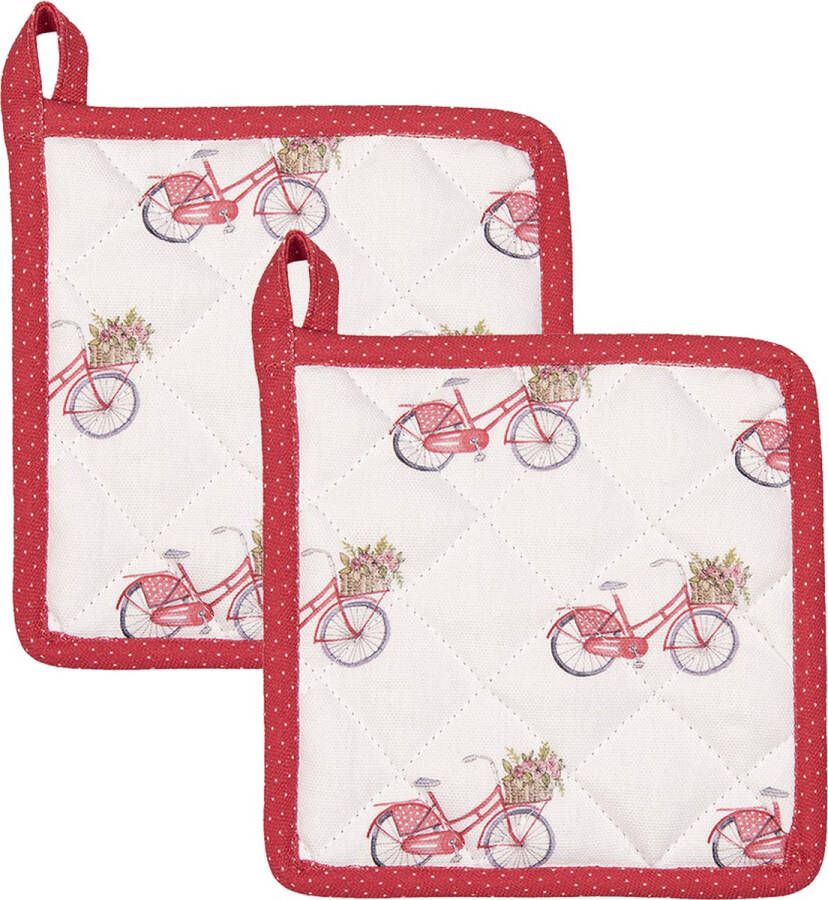 HAES deco Set van 2 Pannenlappen voor een kind formaat 16x16 cm kleuren Rood Roze Wit van 100% Katoen Collectie: Red Bicylcle Kinder Pannenlap
