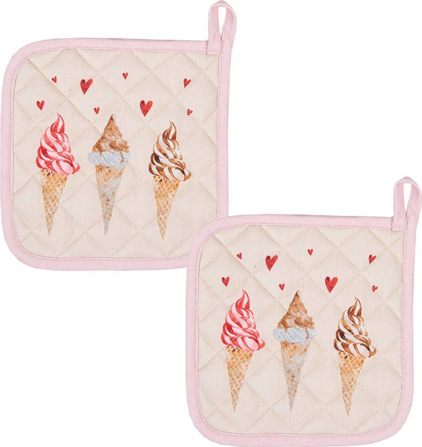 HAES deco Set van 2 Pannenlappen voor een kind formaat 16x16 cm kleuren Roze Beige Bruin van 100% Katoen Collectie: Frosty and Sweet Kinder Pannenlap