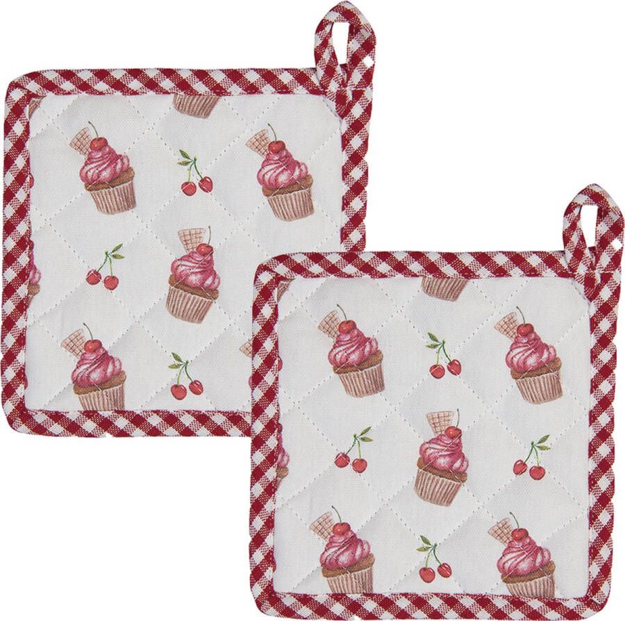 HAES deco Set van 2 Pannenlappen voor een kind formaat 16x16 cm kleuren Wit Rood Roze van 100% Katoen Collectie: Cherry Cupcake Kinder Pannenlap