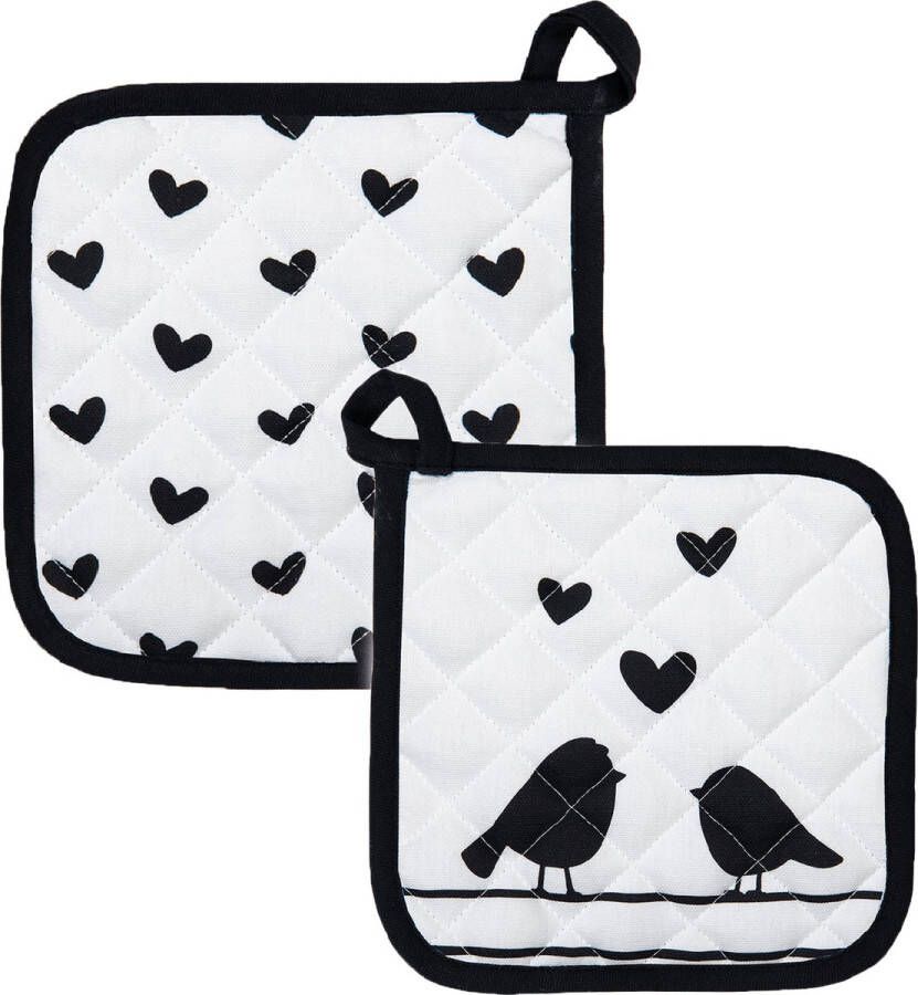 HAES deco Set van 2 Pannenlappen voor een kind formaat 16x16 cm kleuren Wit Zwart van 100% Katoen Collectie: Love Birds Kinder Pannenlap