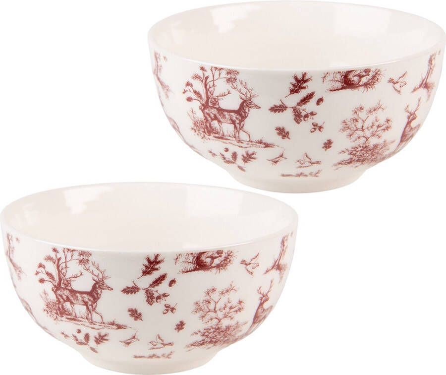 HAES deco Set van 2 Soepkommen Mueslischalen formaat Ø 14x7 cm 500 ml kleuren Rood Bordorood Wit van Porselein Collectie: Pretty Forest Soepkom Mueslikom Mueslischaal