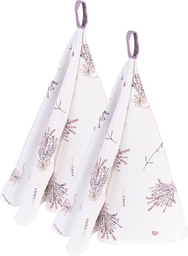 HAES deco Set van 2 Theedoeken rond formaat Ø 80 cm kleuren Paars Wit van 100% Katoen Collectie: Lavender Garden Theedoek Keukendoek