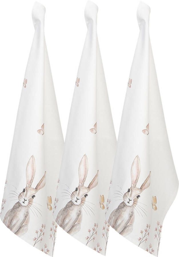 HAES deco Set van 3 Theedoeken formaat 50x70 cm kleuren Bruin Wit van 100% Katoen Collectie: Rustic Easter Bunny Theedoek voor Pasen Keukendoek