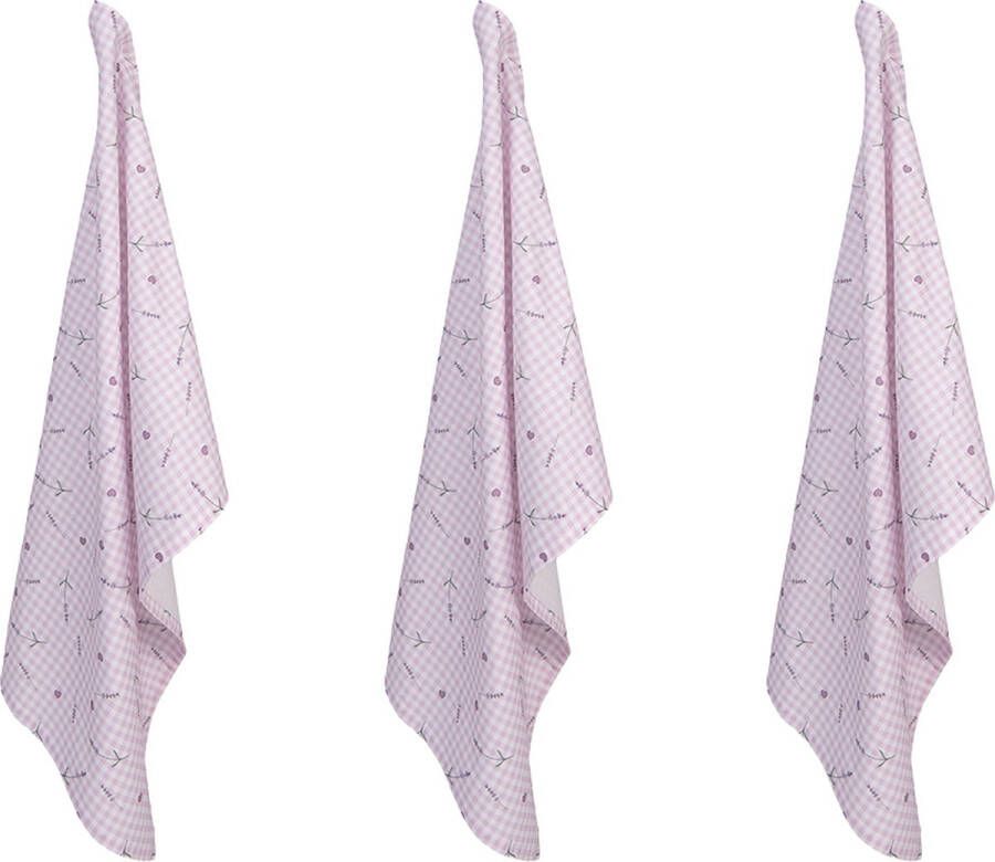 HAES deco Set van 3 Theedoeken formaat 50x70 cm kleuren Paars Wit van 100% Katoen Collectie: Lavender Garden Theedoek Keukendoek