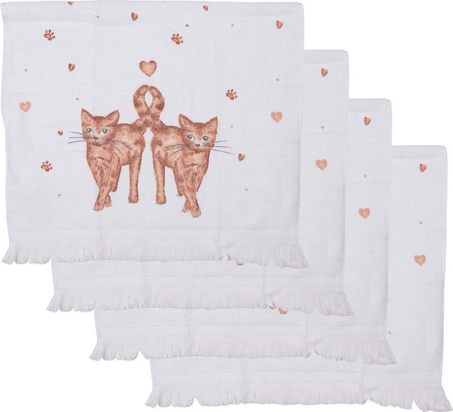 HAES deco Set van 4 Gastendoeken formaat 40x66 cm kleuren Bruin Beige van 100% Katoen Collectie: Kitty Cats Gastendoek handdoek Toilethanddoek