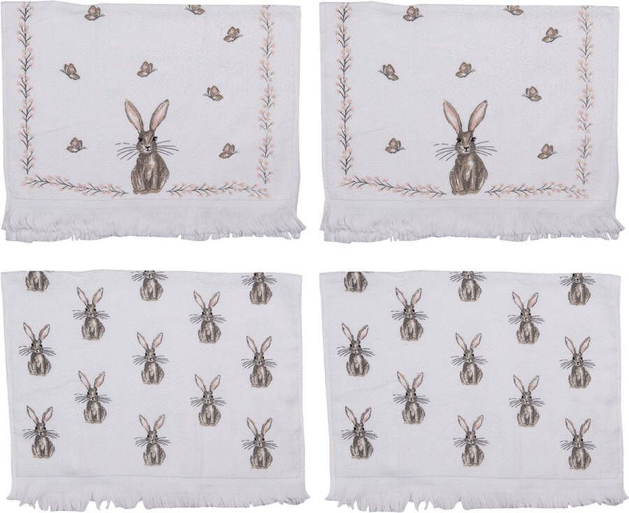 HAES deco Set van 4 Gastendoeken formaat 40x66 cm kleuren Bruin Wit van 100% Katoen Collectie: Rustic Easter Bunny Gastendoek handdoek Toilethanddoek