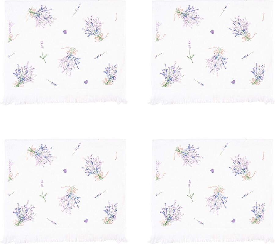 HAES deco Set van 4 Gastendoeken formaat 40x66 cm kleuren Paars Wit van 100% Katoen Collectie: Lavender Garden Gastendoek handdoek Toilethanddoek