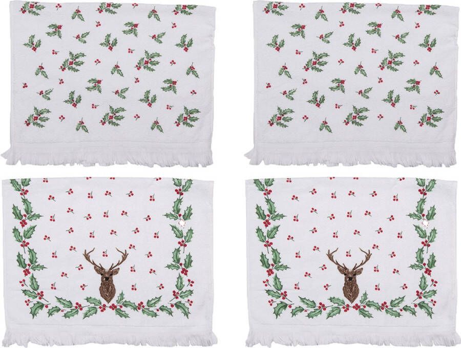 HAES deco Set van 4 Gastendoeken formaat 40x66 cm kleuren Wit Rood Bruin Groen van 100% Katoen Collectie: Holly Christmas Gastendoek handdoek Toilethanddoek