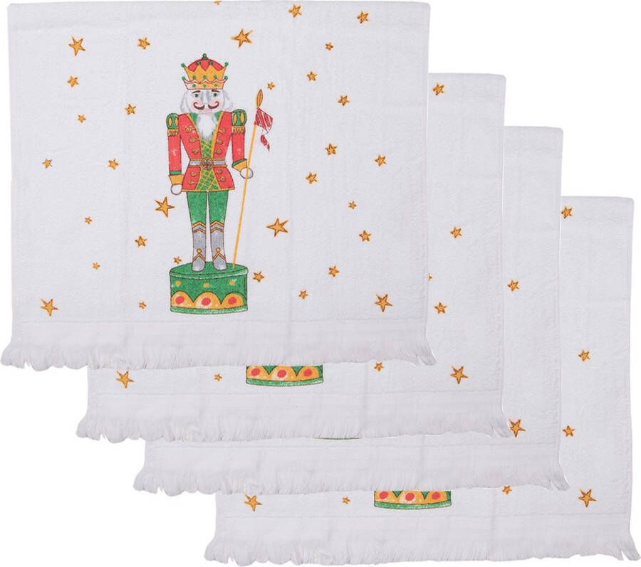 HAES deco Set van 4 Gastendoeken formaat 40x66 cm kleuren Wit Rood Groen Bruin van 100% Katoen Collectie: Happy Little Christmas Gastendoek handdoek Toilethanddoek