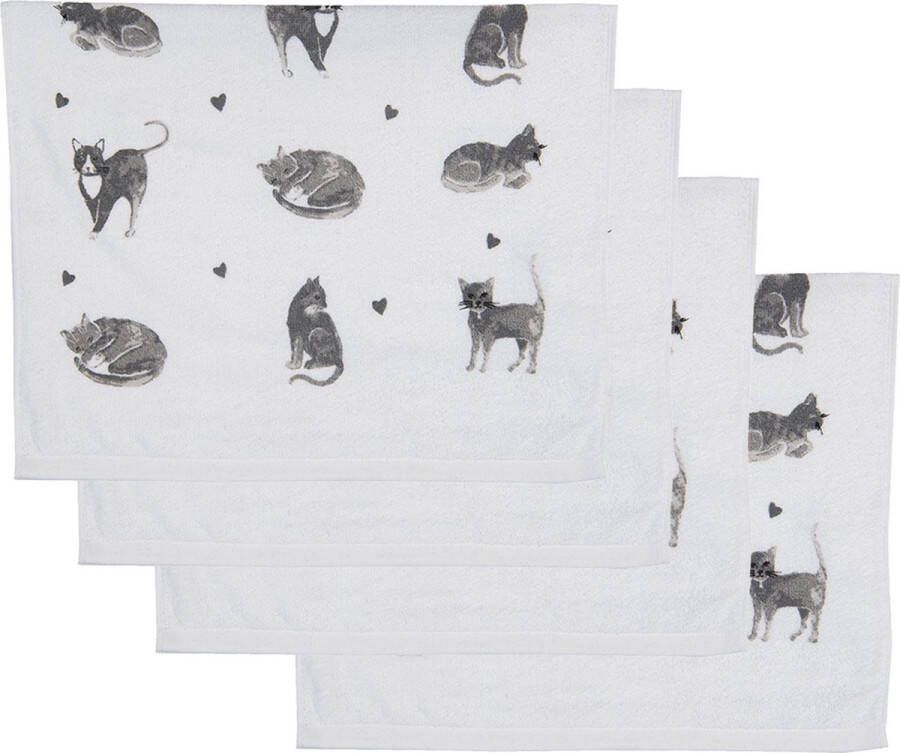 HAES deco Set van 4 Gastendoeken formaat 40x66 cm kleuren Wit Zwart Grijs van 100% Katoen Collectie: Cats and Kittens Gastendoek handdoek Toilethanddoek
