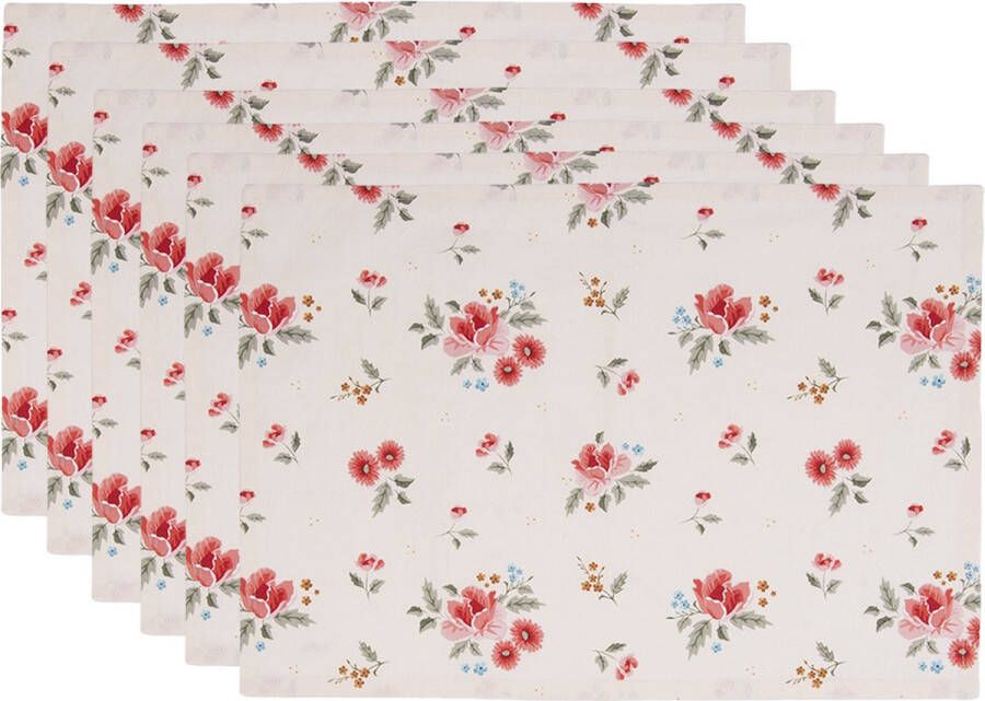 HAES deco Set van 6 Placemats formaat 48x33 cm kleuren Beige Rood Groen van 100% Katoen Collectie: Little Rose Collection