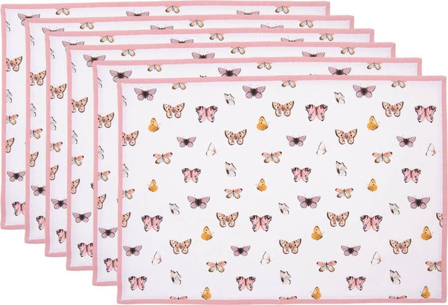 HAES deco Set van 6 Placemats formaat 48x33 cm kleuren Beige Rose van 100% Katoen Collectie: Butterfly Paradise