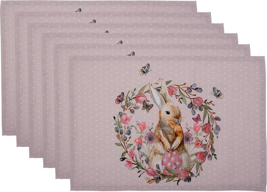 HAES deco Set van 6 Placemats formaat 48x33 cm kleuren Beige Rose van 100% Katoen Collectie: Happy Bunny