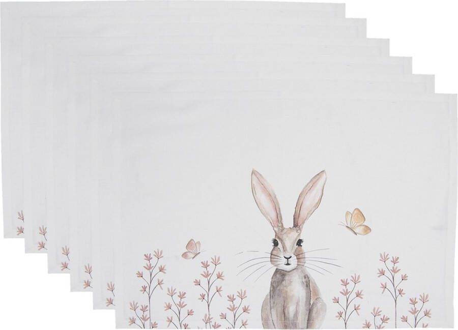 HAES deco Set van 6 Placemats formaat 48x33 cm kleuren Bruin Wit van 100% Katoen Collectie: Rustic Easter Bunny