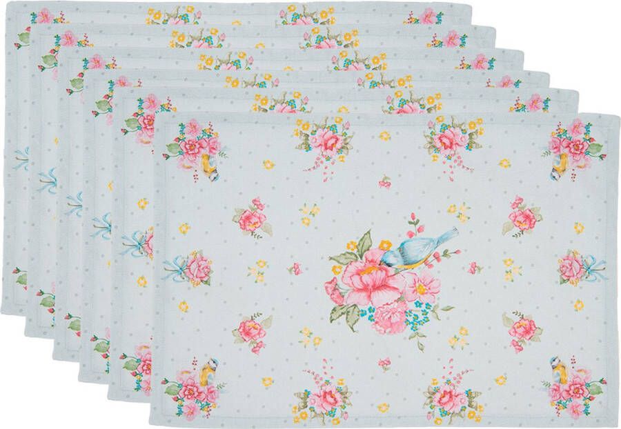 HAES deco Set van 6 Placemats formaat 48x33 cm kleuren Grijs Roze Groen van 100% Katoen Collectie: Cheerful Birdie