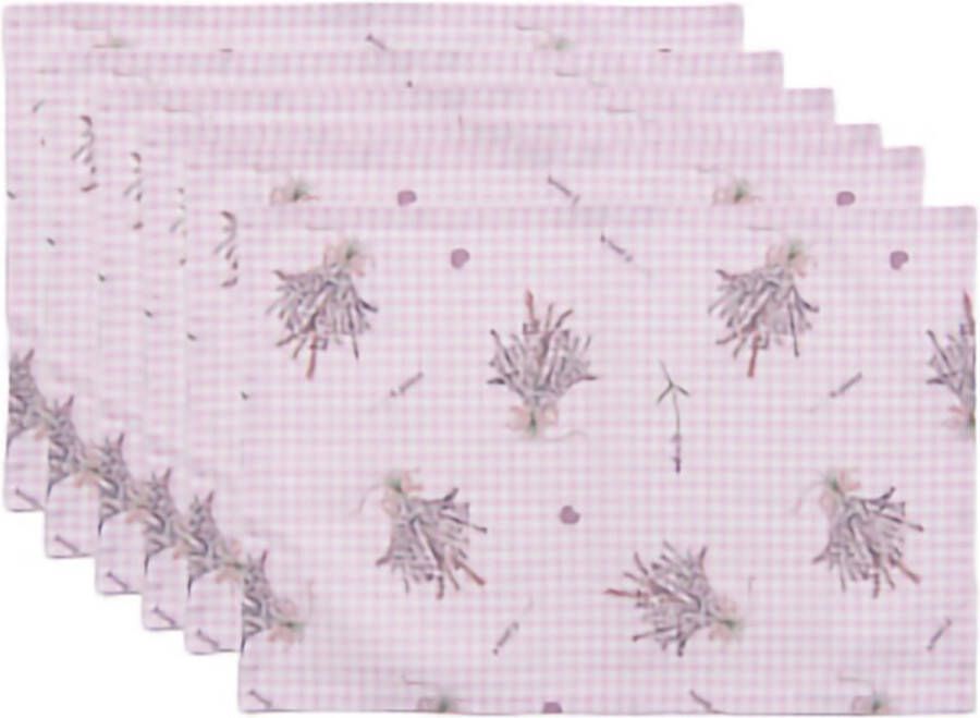 HAES deco Set van 6 Placemats formaat 48x33 cm kleuren Paars Wit van 100% Katoen Collectie: Lavender Garden